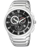 Citizen Eco-Drive Chronograph AT0690-55E Men's Watch – Black Dial with Silver Stainless Steel Strap