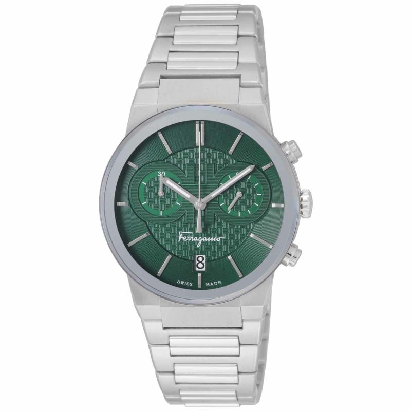 Salvatore Ferragamo Sapphire Chrono Green Dial Silver Steel Strap Watch for Men - SFME00421