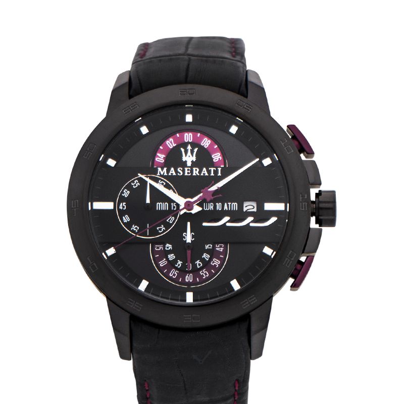 Maserati Ingegno Chronograph Black Dial Black Leather Strap Watch For Men - R8871619003