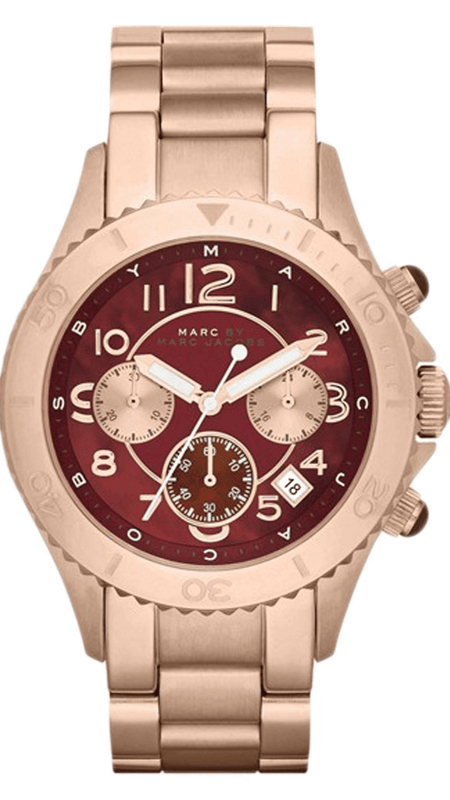 Marc Jacobs Rock Chronograph Mother of Pearl Red Dial Rose Gold Steel Strap Unisex Watch - MBM3251