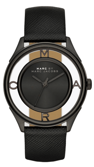 Marc Jacobs Tether Transparent Black Dial Black Leather Strap Watch for Women - MBM1379