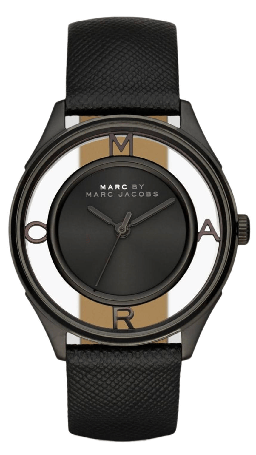 Marc Jacobs Tether Transparent Black Dial Black Leather Strap Watch for Women - MBM1379