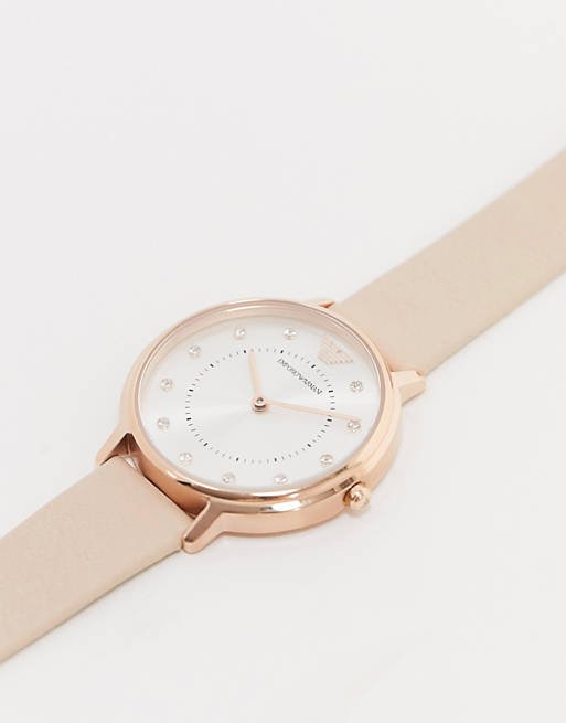 Emporio Armani Kappa Rose Gold & White Dial Beige Nude Leather Strap Watch For Women - AR2510