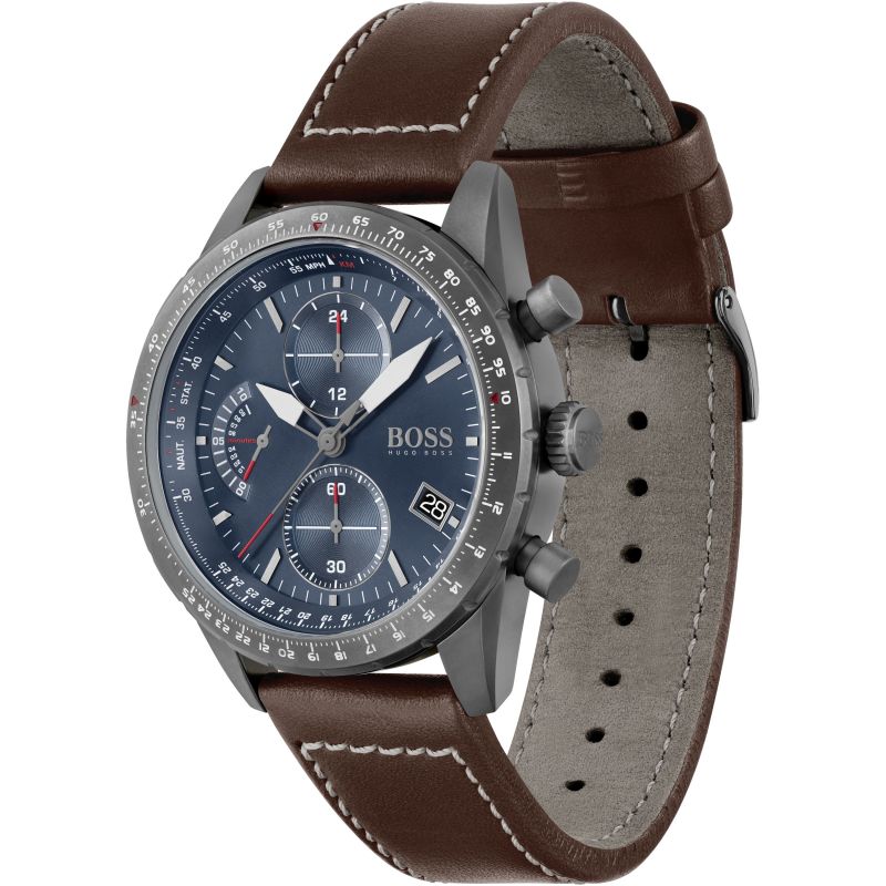 Hugo Boss Pilot Edition Blue Dial Brown Leather Strap Watch for Men - 1513852