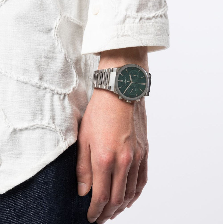 Salvatore Ferragamo Sapphire Chrono Green Dial Silver Steel Strap Watch for Men - SFME00421
