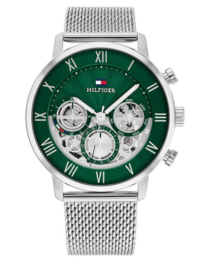 Tommy Hilfiger Legend Chronograph Green Dial Silver Mesh Bracelet Watch For Men - 1710567