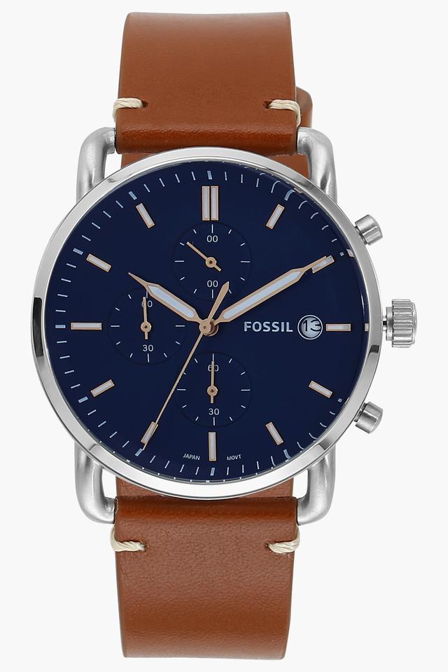Fossil The Commuter Blue Dial Brown Leather Strap Watch for Men - FS5401