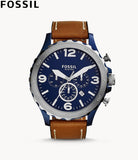 Fossil Nate Chronograph Navy Blue Dial Brown Leather Strap Watch for Men - JR1504