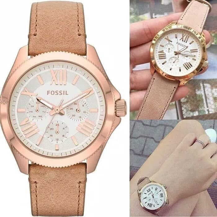 Fossil Cecile White Dial Beige Leather Strap Watch for Women - AM4532