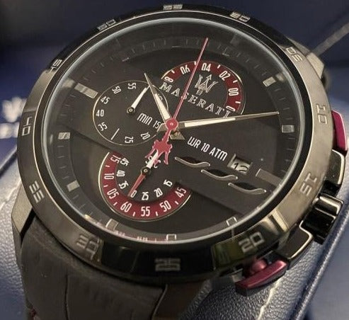 Maserati Ingegno Chronograph Black Dial Black Leather Strap Watch For Men - R8871619003