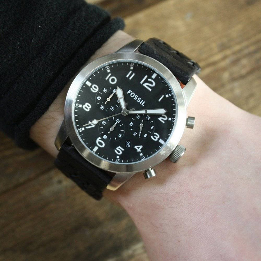 Fossil Pilot 54 Chronograph Black Dial Black Leather Strap Watch for Men - FS5181
