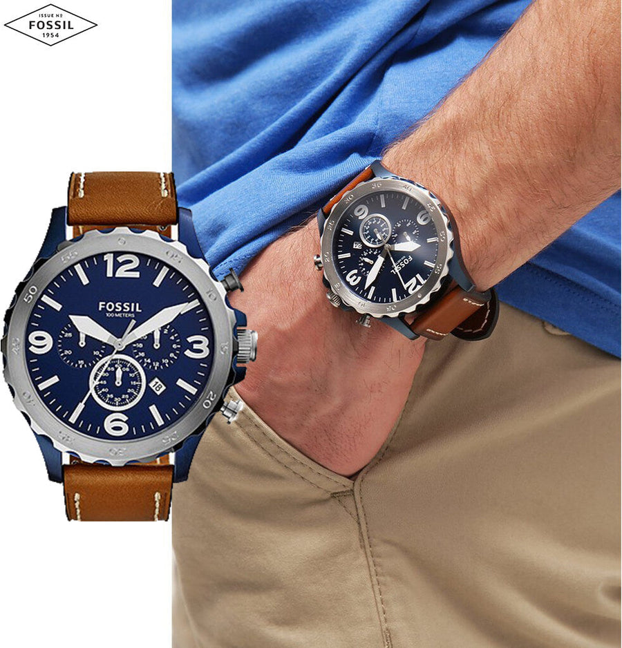 Fossil Nate Chronograph Navy Blue Dial Brown Leather Strap Watch for Men - JR1504