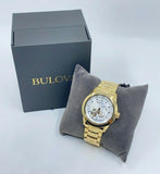 Bulova BVA Skeleton Silver Dial Gold Steel Strap Watch for Men - 97A108