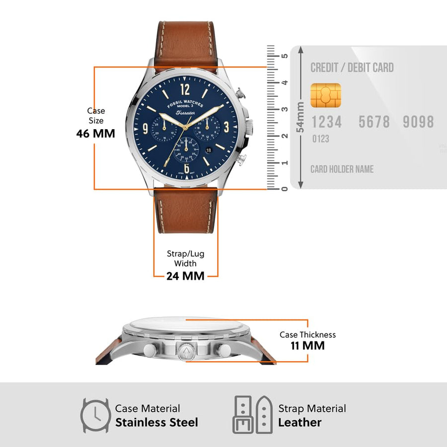 Fossil Forrester Chronograph Blue Dial Brown Leather Strap Watch for Men -  S5607
