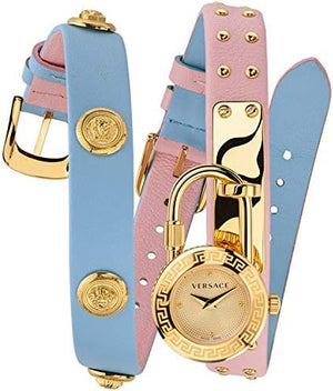 Versace Medusa Lock Icon Quartz Gold Dial Pink & Blue Leather Strap Watch For Women - VEDW00219