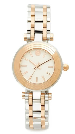 Tory Burch Classic T White Dial Two Tone Steel Strap Watch for Women - TBW9013