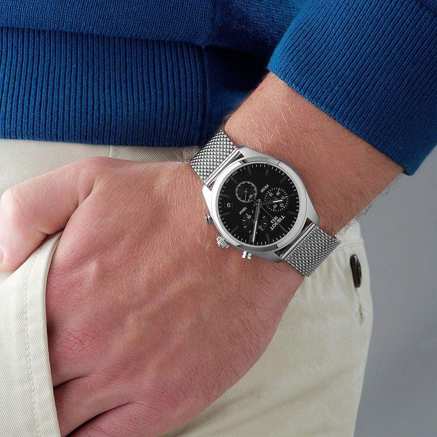 Tissot PR 100 Chronograph Black Dial Silver Mesh Bracelet Watch For Men - T101.417.11.051.01