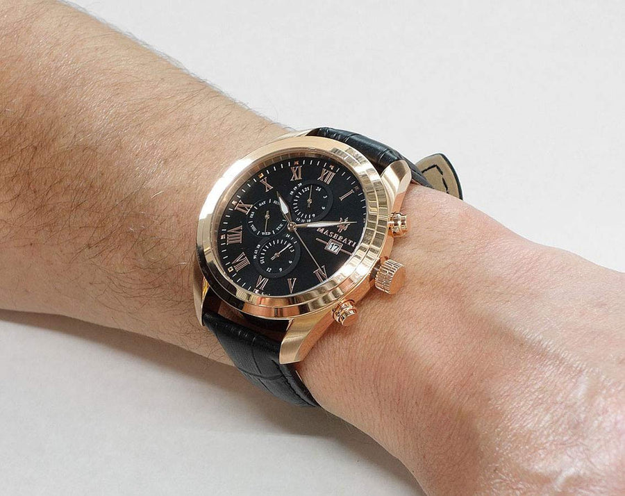 Maserati Traguardo Chronograph Black Dial Black Leather Strap Watch For Men - R8871612002