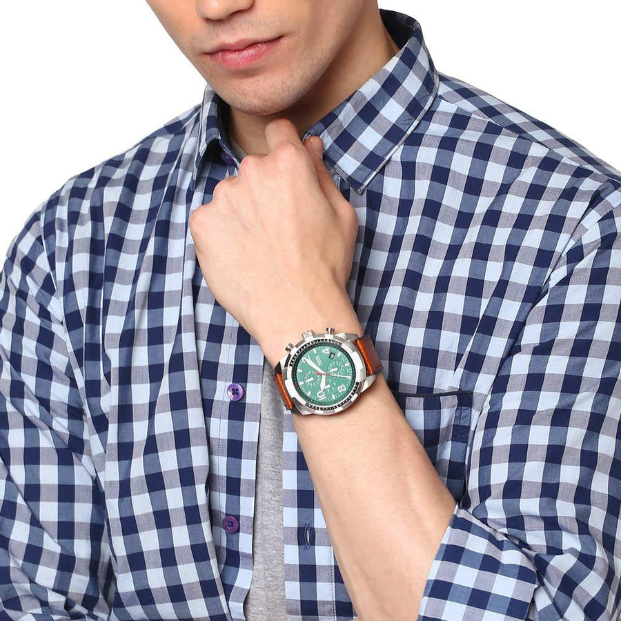 Fossil Bronson Chronograph Green Dial Brown Leather Strap Watch for Men - FS5738