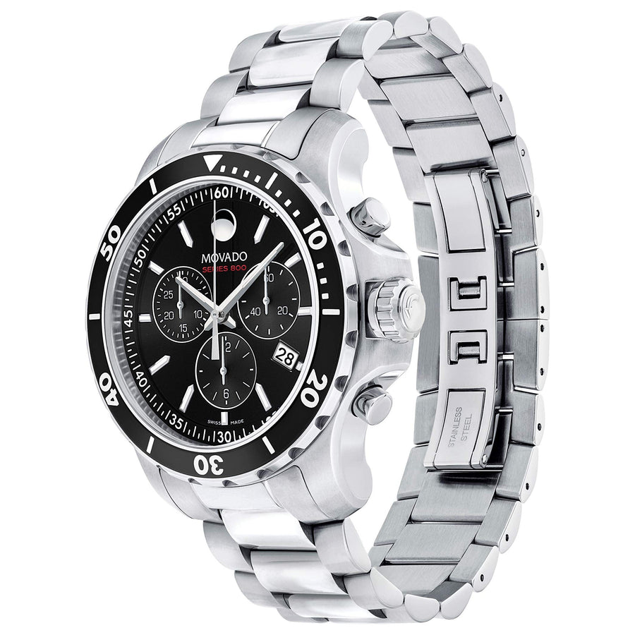 Movado Series 800 Chronograph Black Dial Silver Steel Strap Watch For Men - 2600142
