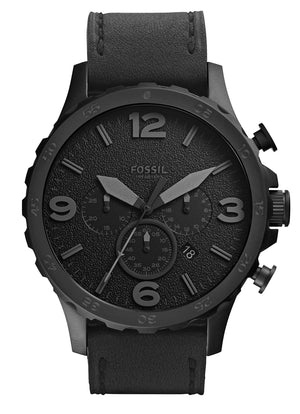 Fossil Nate Chronograph Black Dial Black Leather Strap Watch for Men - JR1354