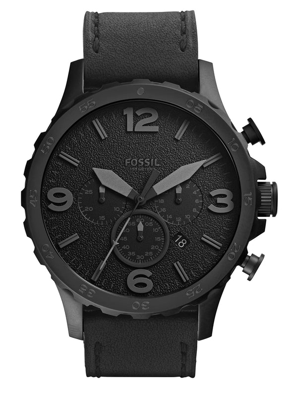 Fossil Nate Chronograph Black Dial Black Leather Strap Watch for Men - JR1354