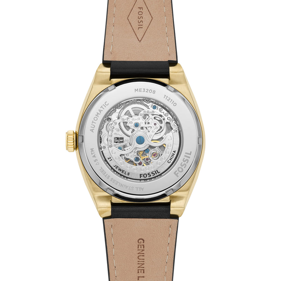 Fossil Everett Automatic Skeleton Black Dial Black Leather Strap Watch for Men - ME3208