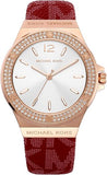 Michael Kors Lennox Three Hand Silver Dial Red Leather Strap Watch For Women - MK7308