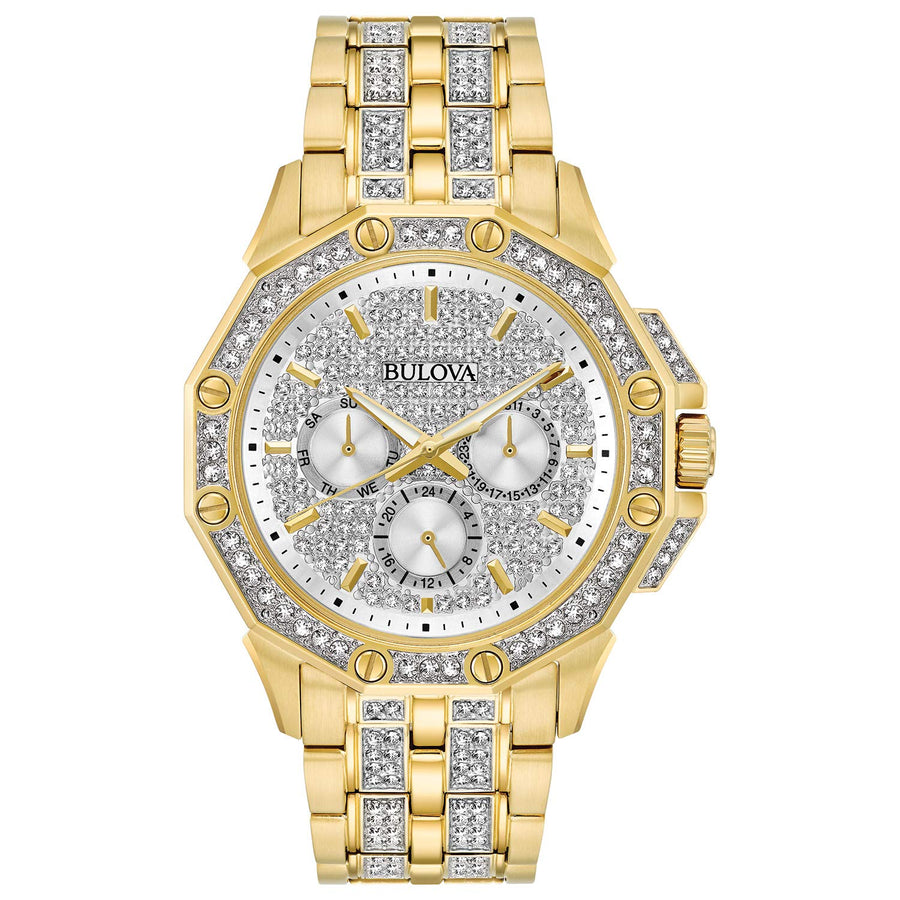Bulova Crystal Collection Octova White Dial Gold Steel Strap Watch for Men - 98C126