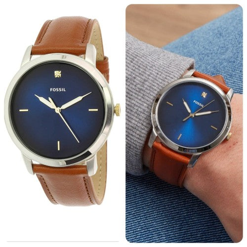Fossil The Minimalist 3H Blue Dial Brown Leather Strap Watch for Men - FS5499
