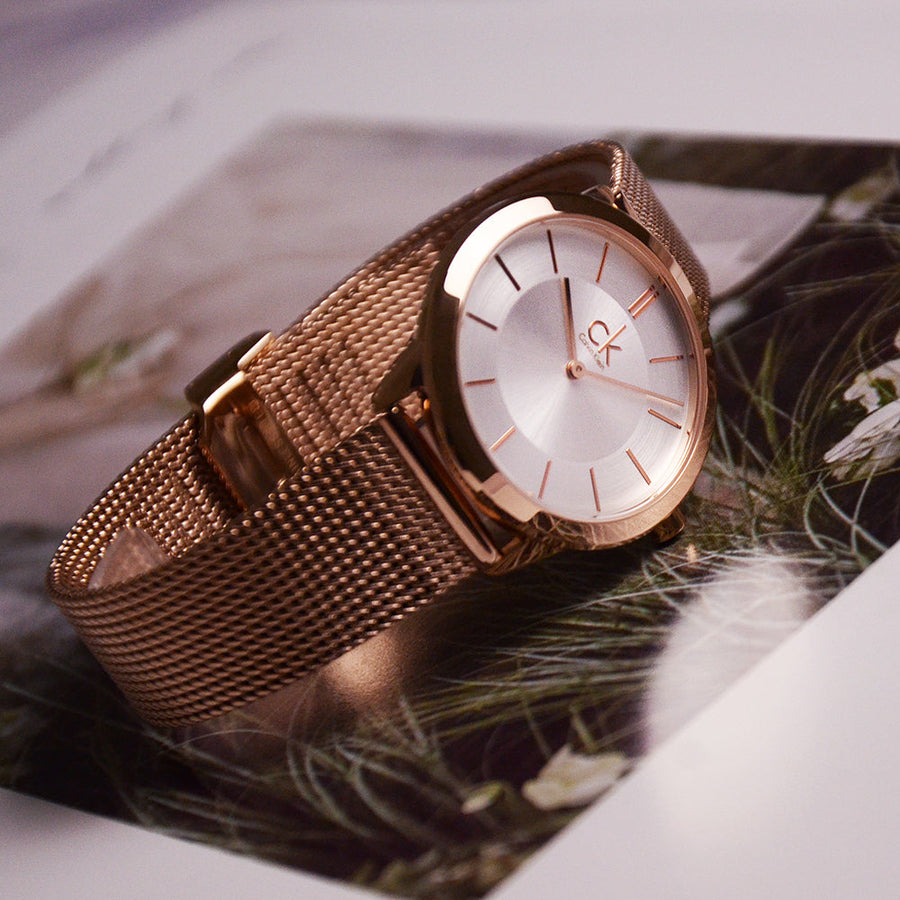Calvin Klein Minimal White Dial Rose Gold Mesh Bracelet Watch for Women - K3M22626
