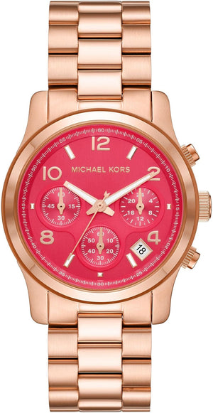 Michael Kors Runway Chronograph Pink Dial Rose Gold Steel Strap Watch For Women - MK7352