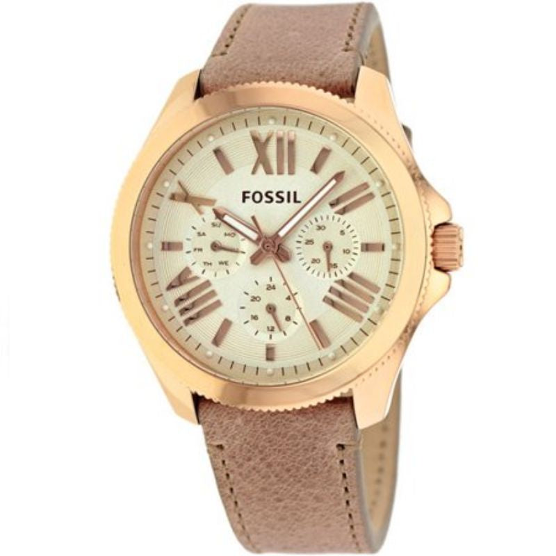 Fossil Cecile White Dial Beige Leather Strap Watch for Women - AM4532