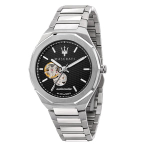 Maserati Stile Skeleton Automatic Black Dial Silver Steel Strap Watch For Men - R8823142002