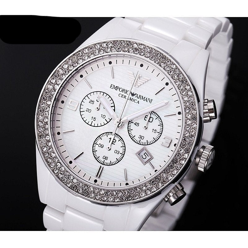 Emporio Armani Ceramica Chronograph White Dial White Ceramic Strap Watch For Women - AR1456