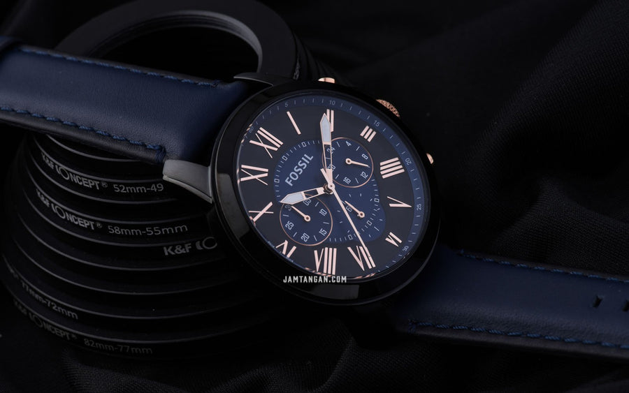 Fossil Grant Chronograph Black Dial Blue Leather Strap Watch for Men - FS5061