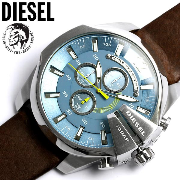 Diesel Mega Chief Chronograph Blue Dial Brown Leather Strap Watch For Men - DZ4281