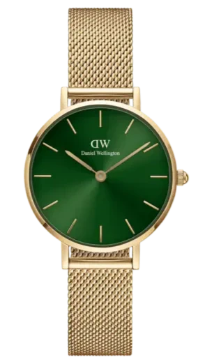 Daniel Wellington Petite Emerald Green Dial Gold Mesh Strap Watch For Women - DW00100479