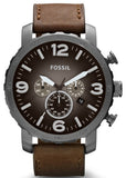 Fossil Nate Chronograph Grey Dial Brown Leather Strap Watch for Men - JR1424