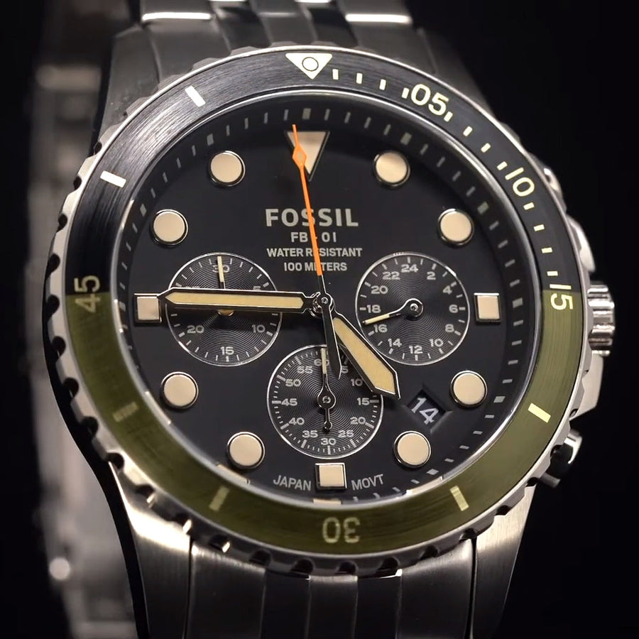 Fossil FS5864 FB-01 Chronograph Men’s Watch – Black Dial with Silver Steel Strap