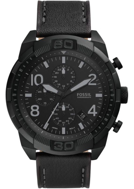 Fossil Bronson Chronograph Black Dial Black Leather Strap Watch for Men - FS5874