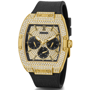 Guess Phoenix Multifunction Crystals Gold Dial Black Silicone Strap Watch For Men - GW0048G2