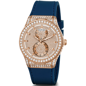 Guess Multifunction Crystals Rose Gold Dial Blue Rubber Strap Watch For Women - GW0439L4