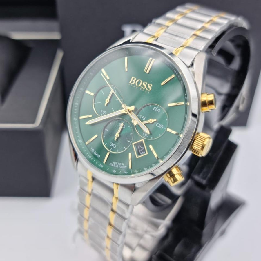 Hugo Boss Champion Chronograph Green Dial Two Tone Steel Strap Watch for Men - 1513878