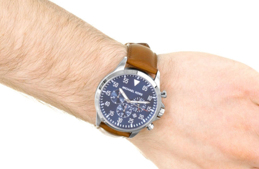 Michael Kors Gage Chronograph Blue Dial Brown Leather Strap Watch For Men - MK8362