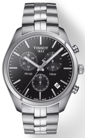 Tissot T Classic PR 100 Chronograph Black Dial Silver Steel Strap Watch for Men - T101.417.11.051.00