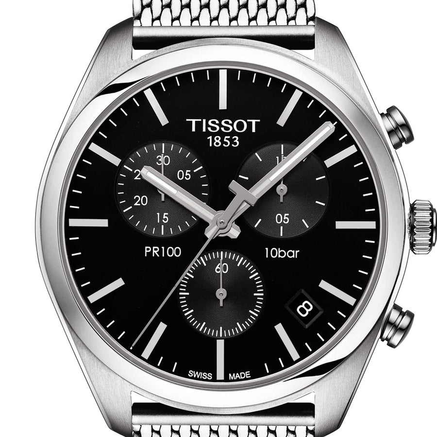 Tissot PR 100 Chronograph Black Dial Silver Mesh Bracelet Watch For Men - T101.417.11.051.01