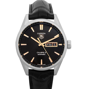 Tag Heuer Carrera Calibre 5 Automatic Black Dial Black Leather Strap Watch for Men - WAR201C.FC6266