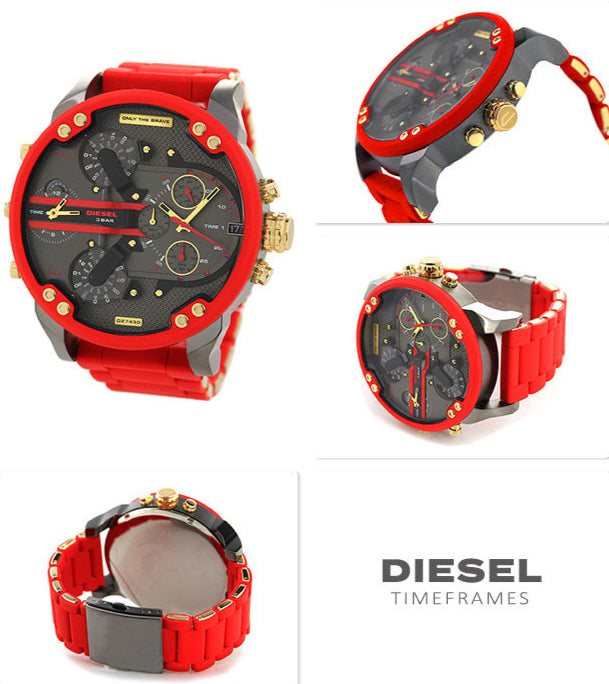 Diesel Mr Daddy 2.0 Chronograph Grey Dial Red Rubber Strap Watch For Men - DZ7430