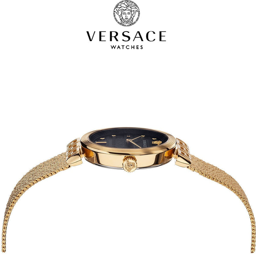 Versace Meander Black Dial Gold Mesh Bracelet Watch for Women - VELW00720